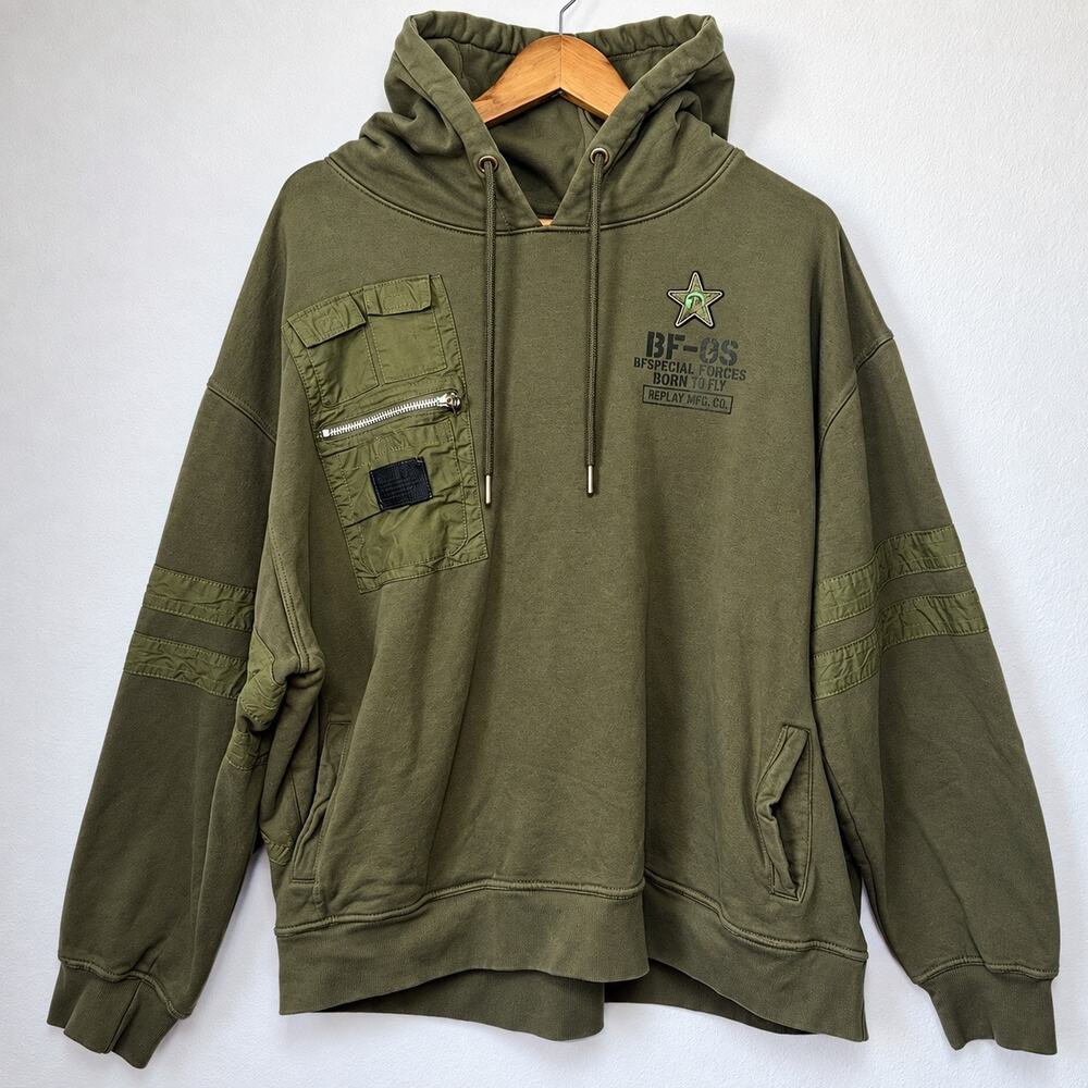 Born Fly 3XL Olive Green Military Utility Hoodie Oversized Streetwear Pullover